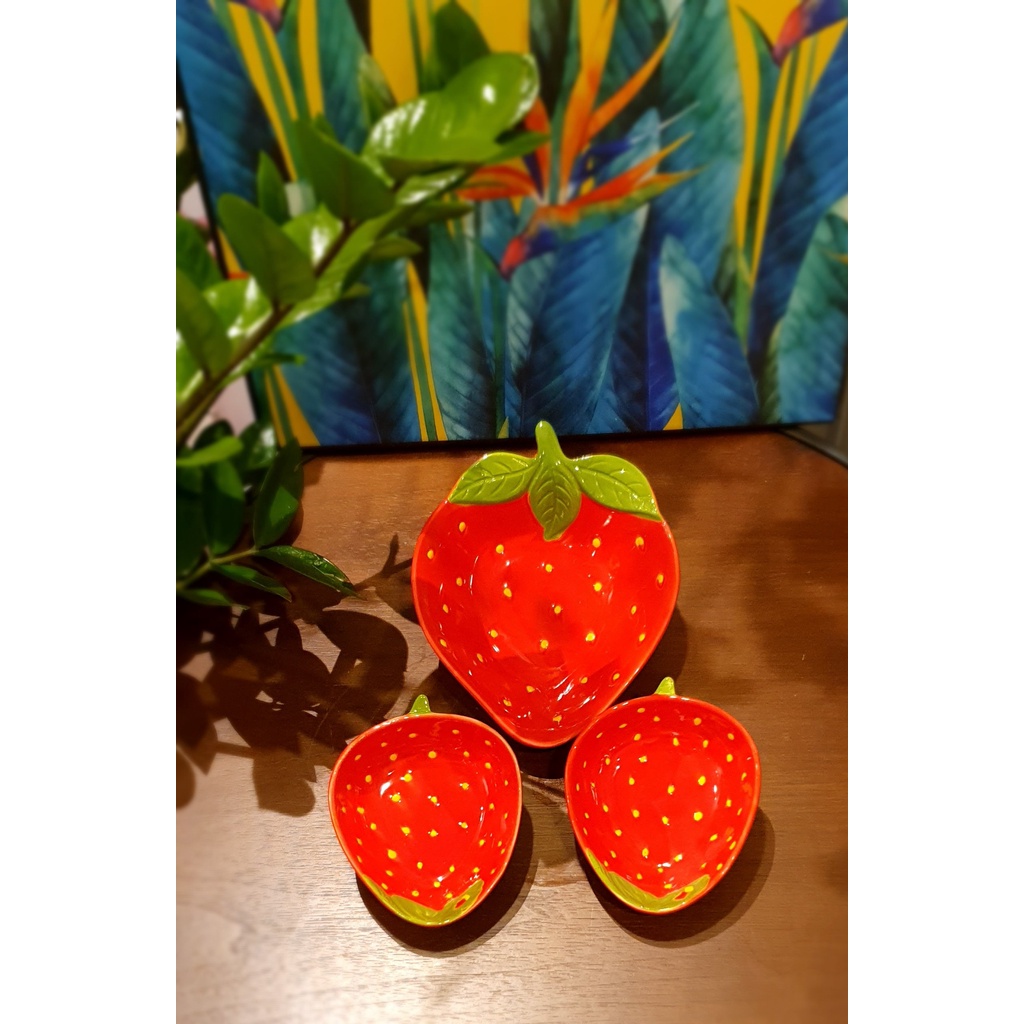 Bộ bát đĩa gốm sứ họa tiết dâu tây trang trí đồ ăn cho bé cực kỳ đáng yêu