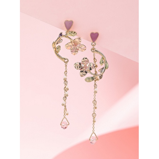 Bông tai hoa anh đào siêu mỏng không đối xứng phối tua rua ngọt ngào