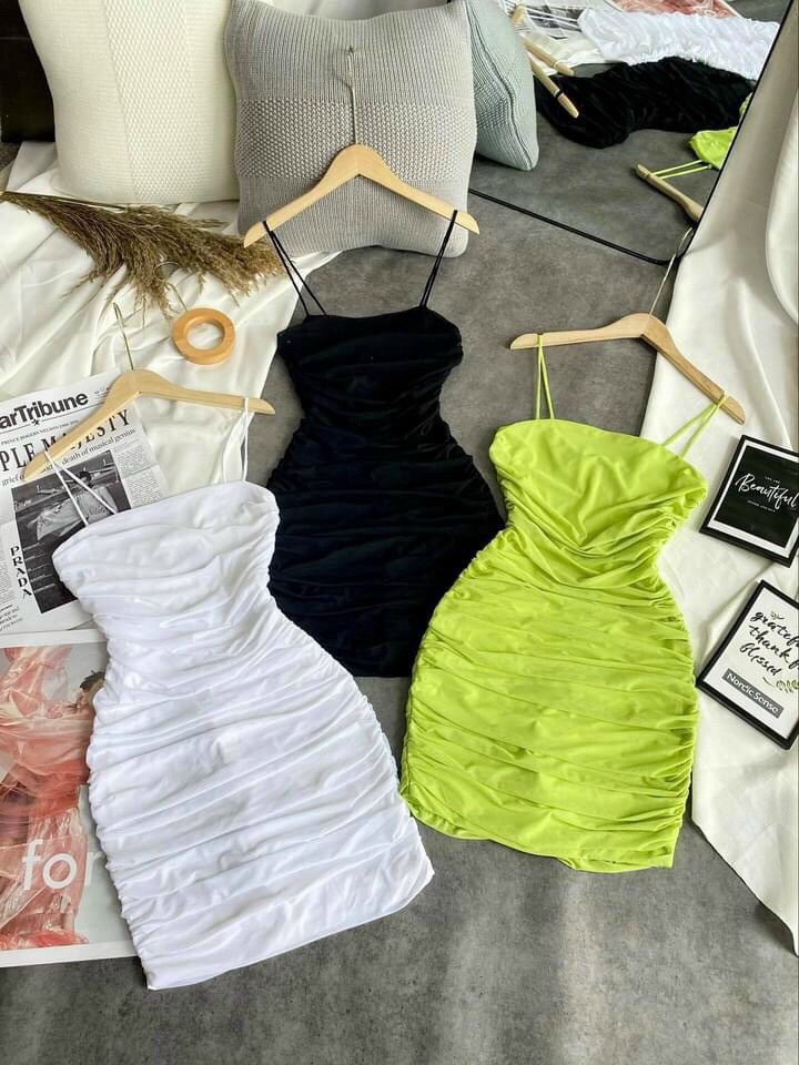 HÓT !!. ĐẦM LỤA 2 dây bún nhún sườn BODY SIÊU HÓT. Chất liệu vải cotton lụa mề mịn k bao gião. 40-57 ký mang vừa