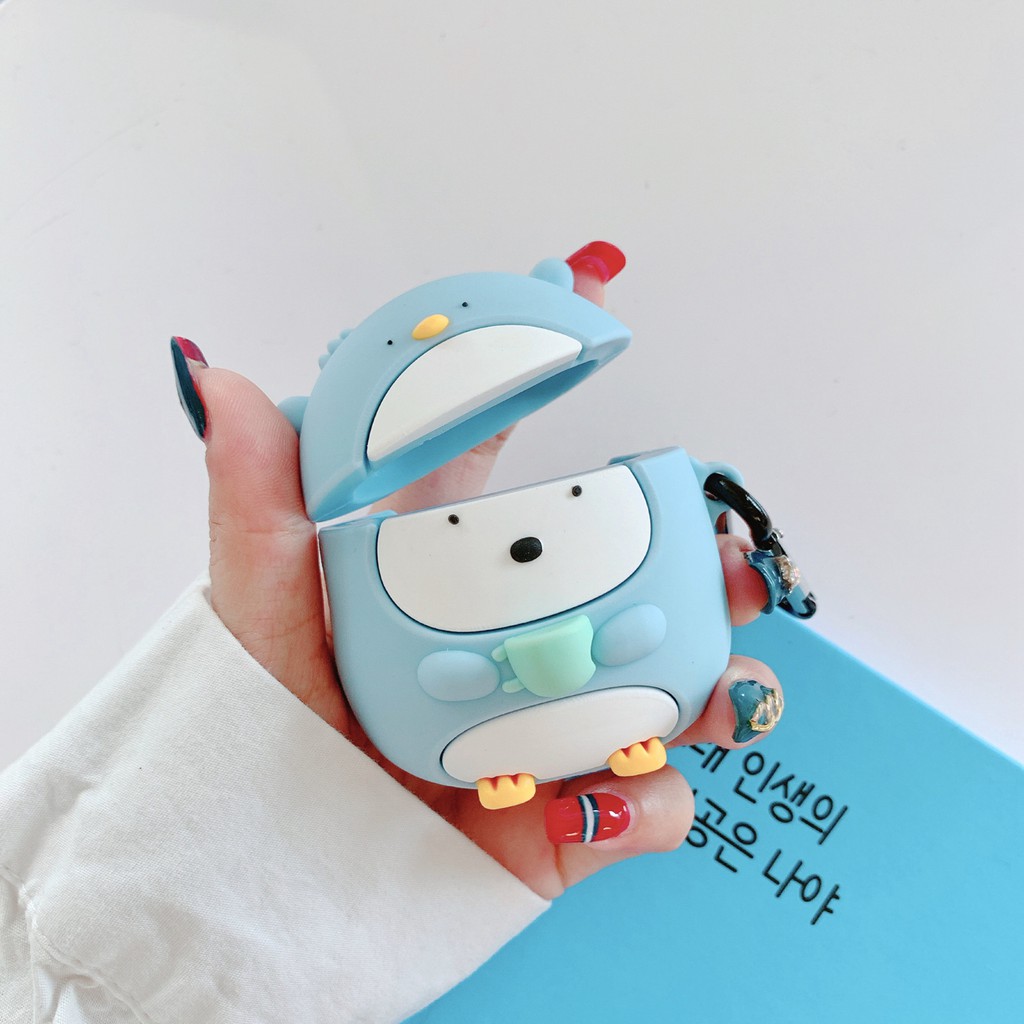 Vỏ bảo vệ hộp sạc tai nghe Airpods 1 2 Pro Bluetooth không dây chất liệu silicon mềm hình chim cánh cụt 3D kèm móc