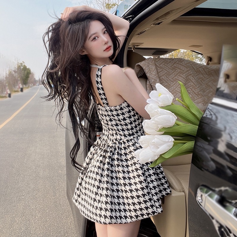 Đầm Ngắn Hai Dây Họa Tiết Houndstooth Thời Trang Mùa Hè Dành Cho Nữ
