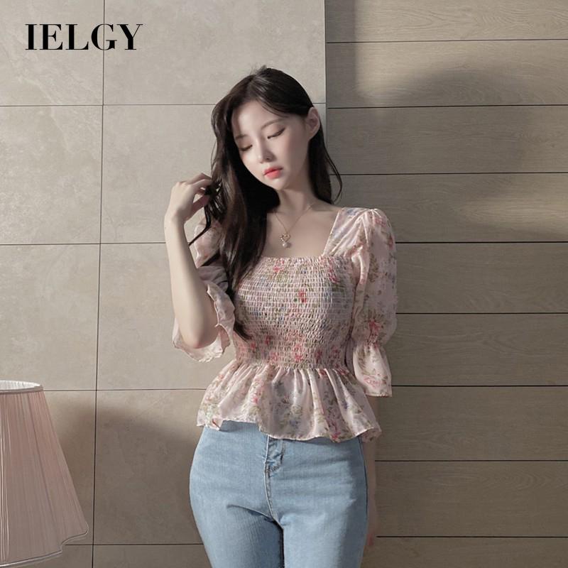 Áo chiffon IELGY cổ vuông tay lửng in họa tiết hoa ngọt ngào cho nữ