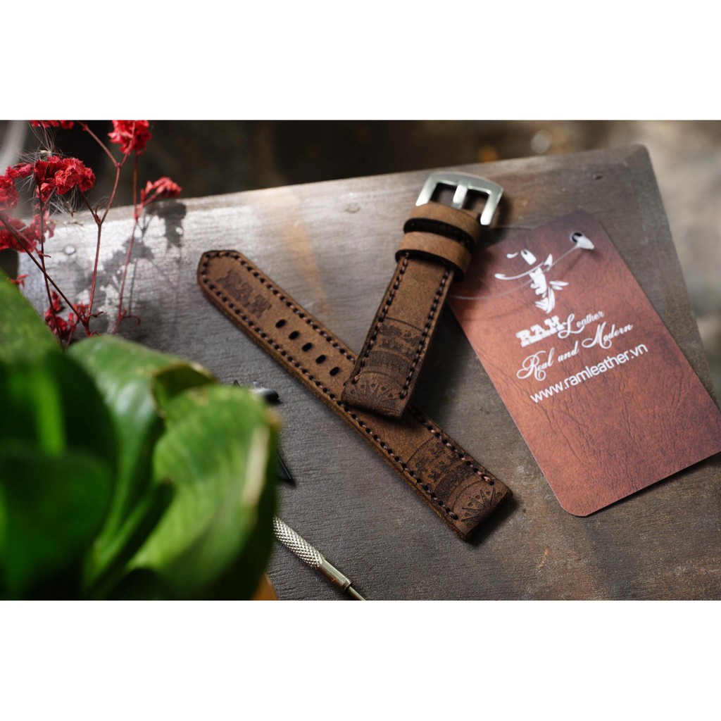 Dây Đồng Hồ Da Bò Thật Bền Đẹp Họa Tiết Trống Đồng Nâu Đất - Ram Traditional Dark Brown