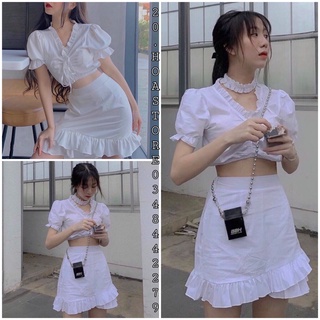 Bộ Chân Váy Áo Croptop Cổ V Dây Rút Trắng 🦋 Set Nữ Áo Croptop Viền Bèo + Choker + Chân Váy Đuôi Cá Xếp Bèo 2 Lớp Trắng