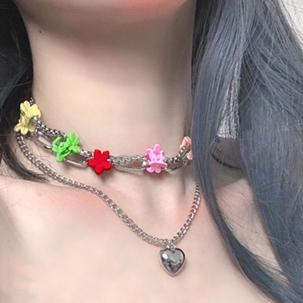 [Miễn Phí Vận Chuyển] Dây Chuyền Nhiều Lớp Nhiều Lớp Hình Hoa Đào Và Trái Tim Nhỏ Phong Cách ins 22246