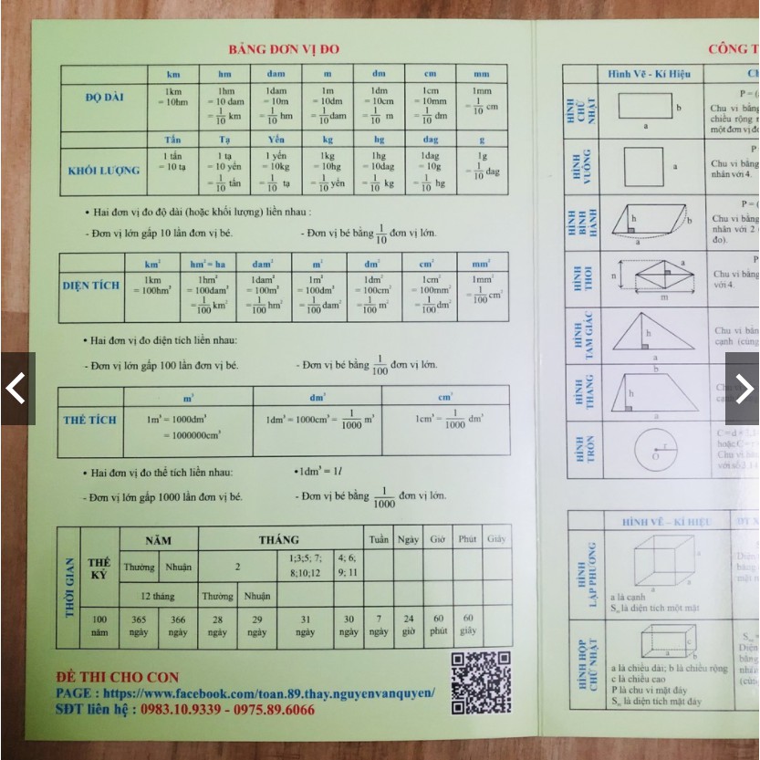 HOT CÔNG THỨC TOÁN TIỂU HỌC A4 Bìa cán bóng đẹp, giữ lâu