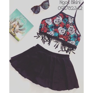 Bikini 2 mảnh yếm đỏ trắng tua rua váy xòe mới nhất