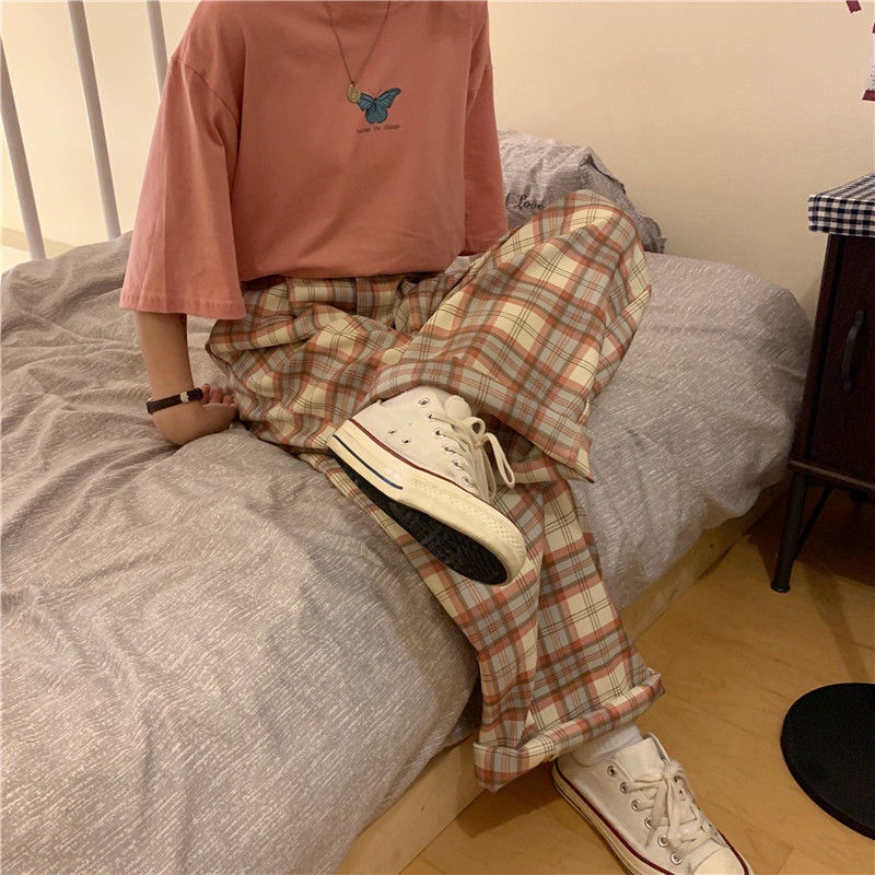 Quần Dài Ống Rộng Họa Tiết Sọc Caro Thời Trang Cho Nữ