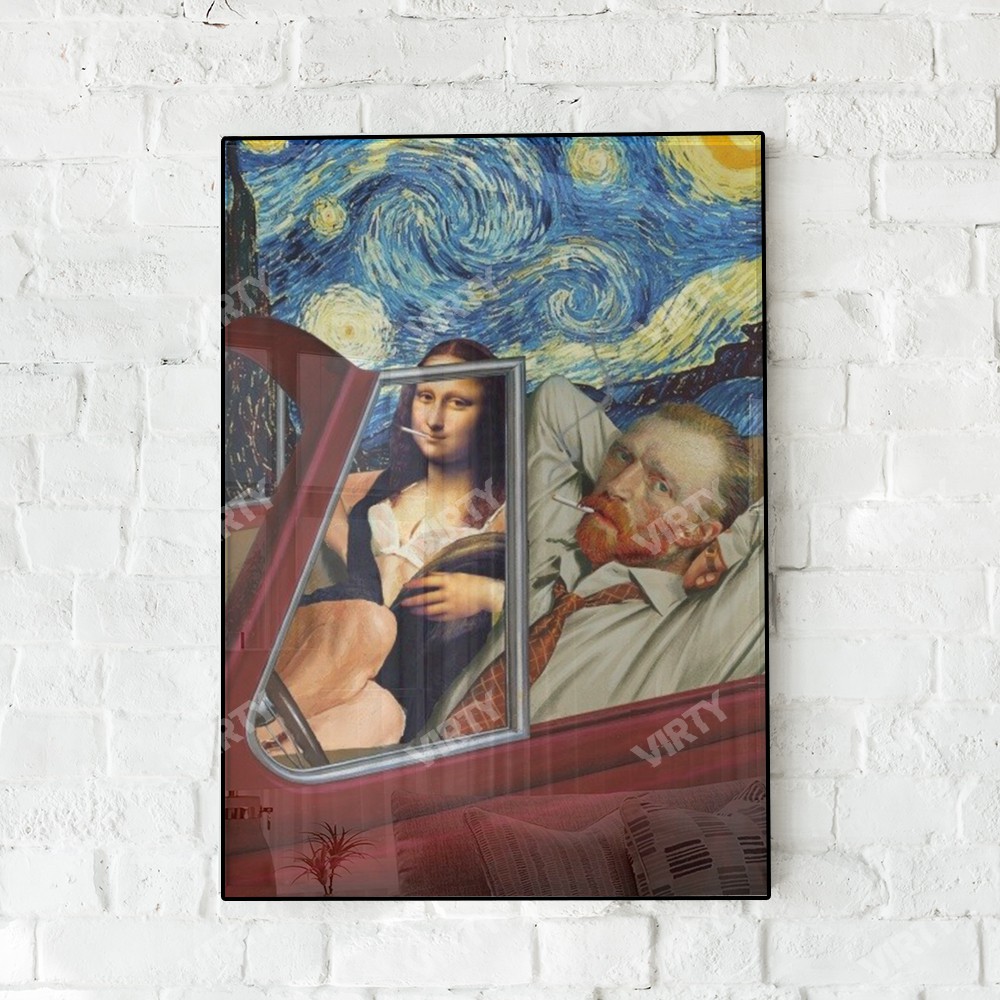 [Sale sập sàn] Tranh canvas decor Van Gogh x Mona Lisa drive a car Funny Art