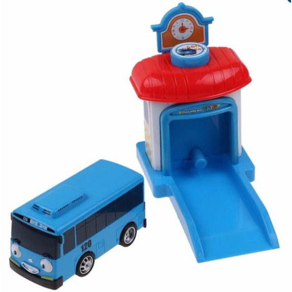 Bộ xe ô tô buýt Tayo The Little bus gồm 1 xe và nhà có nút bấm để đẩy- xe ô tô đồ chơi trẻ em chạy cót