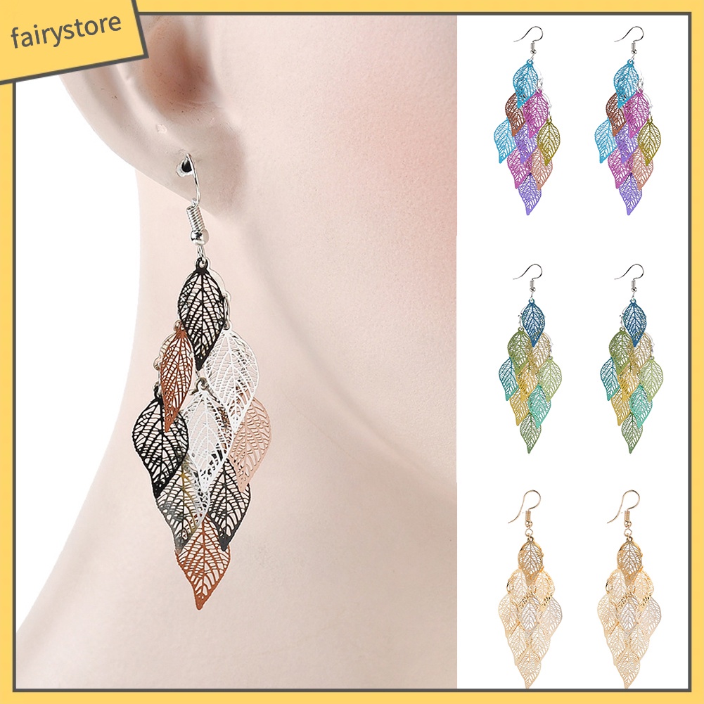 Hoa tai dạng móc thiết kế hình lá nhiều lớp thời trang thanh lịch cho nữ