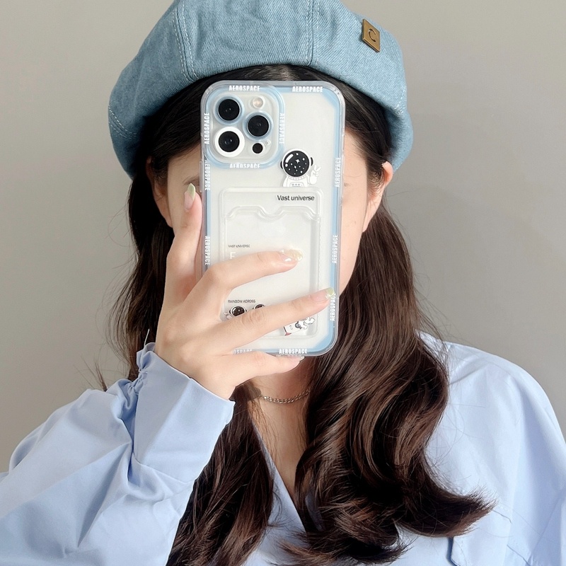 Ốp Điện Thoại Mềm Chống Sốc Dạng Ví Đựng Thẻ Hình Phi Hành Gia Cho iPhone 11 12 13 14 Pro XS Max X Mini 7 8 Plus Giá Đỡ