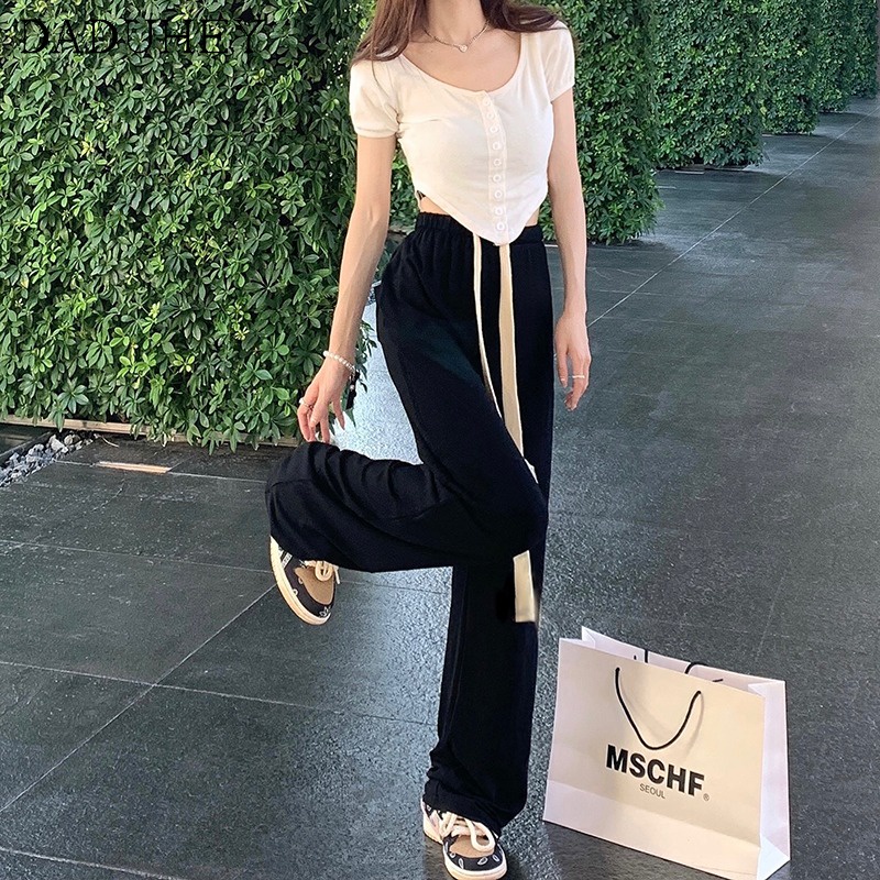 Daduhey Quần ống rộng màu đen phối dây rút thời trang dành cho nữ