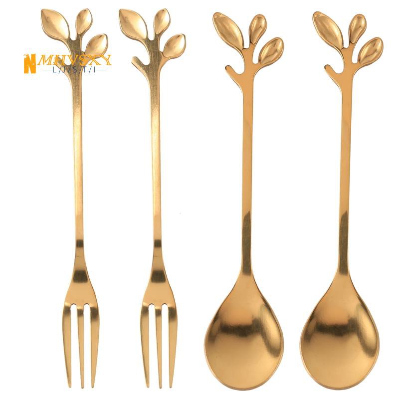 Tableware Gold Leaf Coffee Spoon Fork,4 Pack(2 Spoons 2 Forks) Little Demitasse Espresso Spoon and Appetizer Dessert Forks Set,4.7 Inches Tea Spoon Set