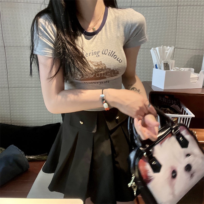 Áo Thun Croptop Cổ Tròn Tay Ngắn In Họa Tiết Thời Trang Cho Nữ