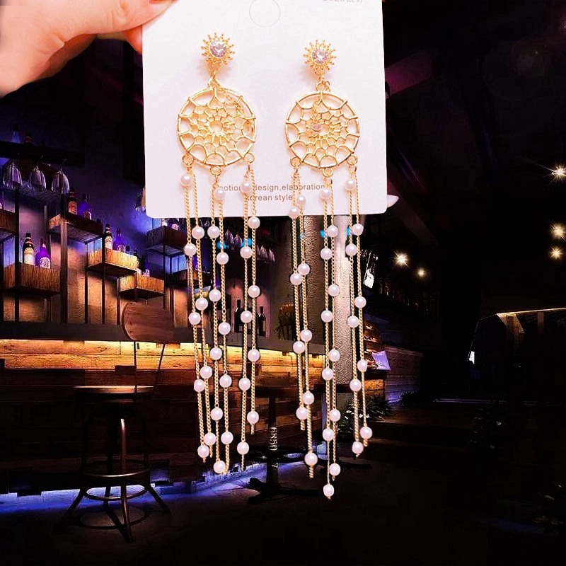 Hoa Tai Dáng Dài Hình Dreamcatcher Phối Ngọc Trai Nhân Tạo Thời Trang