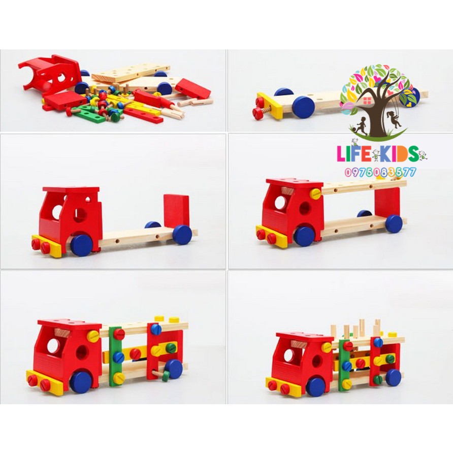 Đồ chơi gỗ - Bộ xe lắp ráp, xếp hình kèm đập bóng -xe ốc vít lắp ráp kèm đập bóng