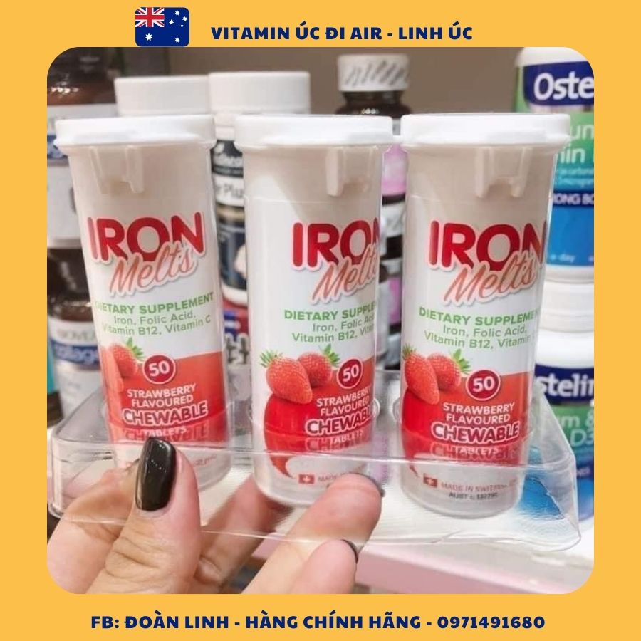 Viên ngậm bổ sung sắt Iron Melts Chewable vị dâu 50 viên; Hàng Chuẩn Úc