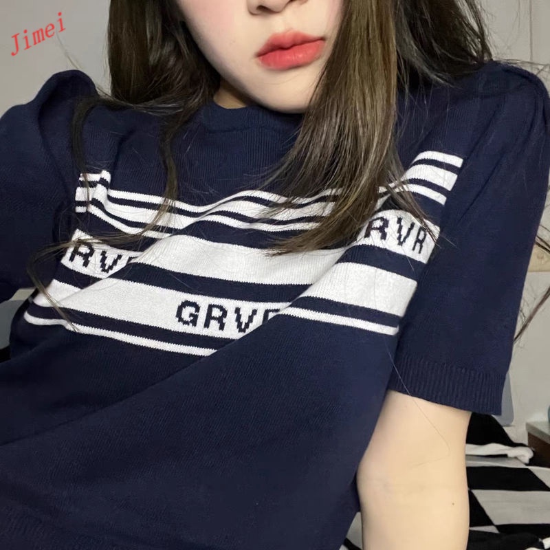 Áo Sweater Tay Ngắn Kẻ Sọc Ngang Màu Xanh Navy Phong Cách Hàn Quốc Thời Trang Mới 2022