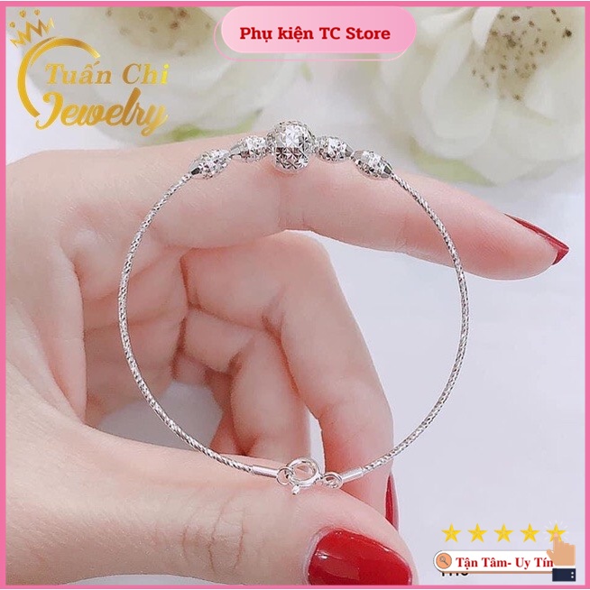 Vòng Tay Bạc Nữ Dáng Kiềng Mảnh Đẹp, Kết Hợp Bi Phay Sáng Bóng