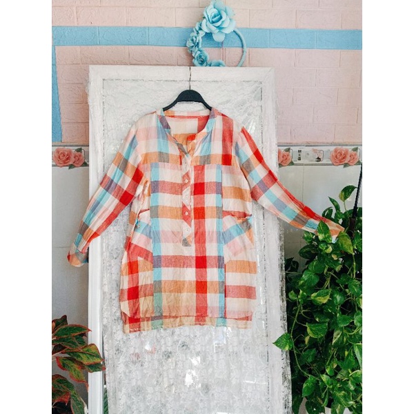 Áo caro đỏ cổ tròn siêu đẹp hàng secondhand Size L XL