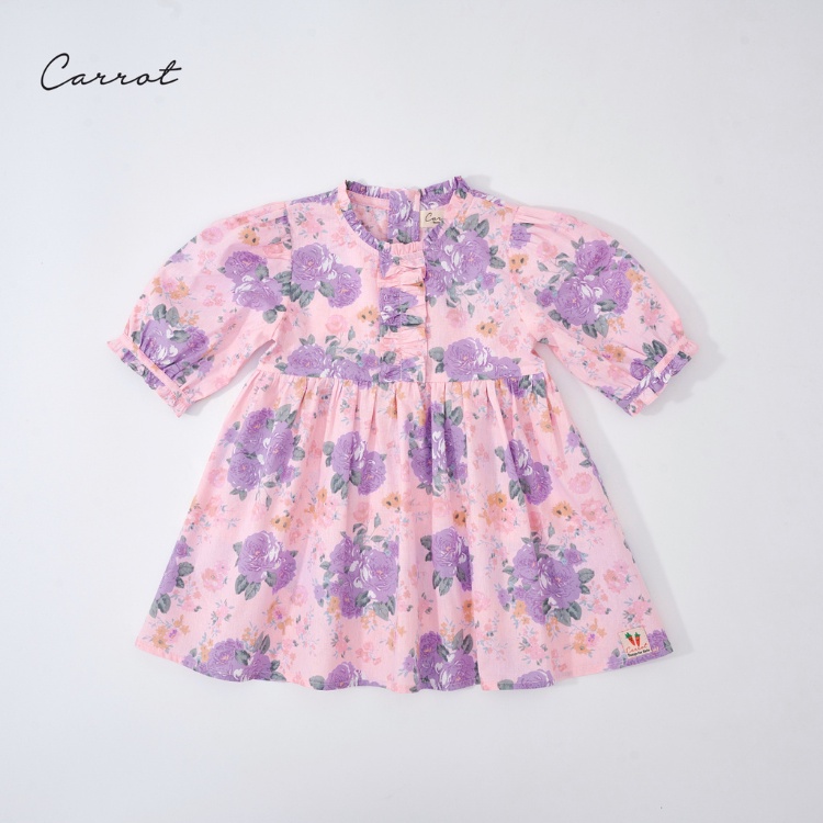 Váy bé gái CARROT đầm xòe tay lỡ viền bèo ngực, hoạ tiết hoa tím, chất liệu Thô cotton thấm hút mồ hôi tốt