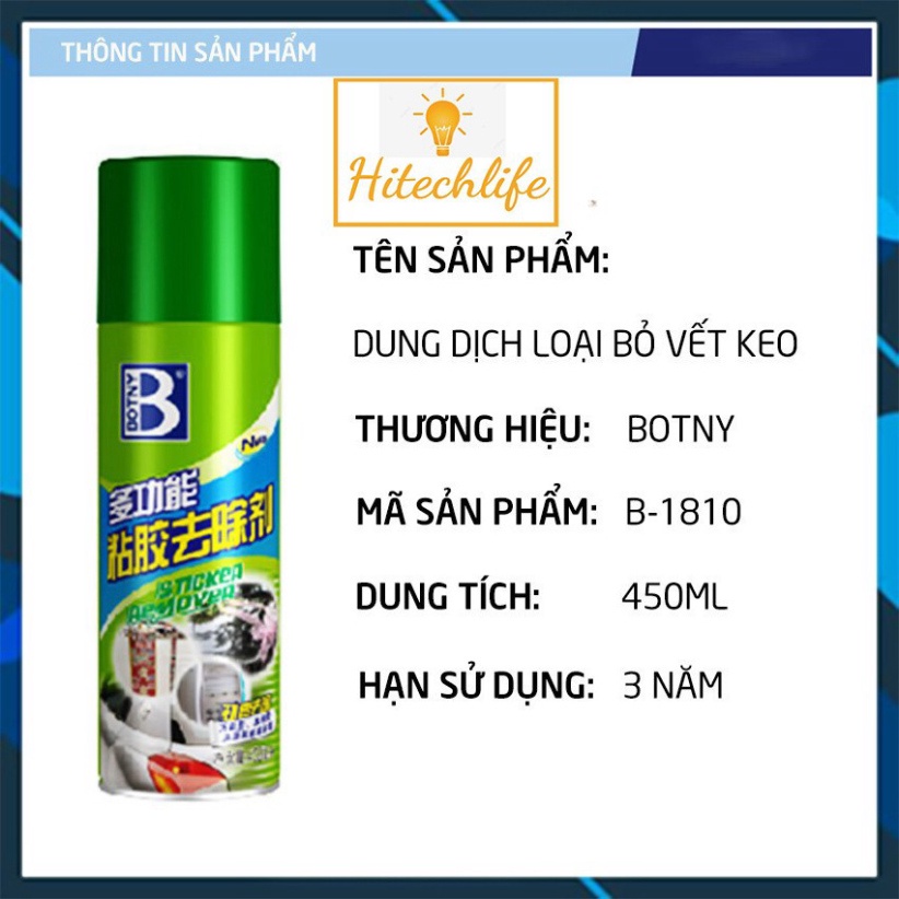 Phụ Kiện Xe Hơi Hitechlife Chai Xịt Botny 450 Ml Tẩy Keo 3M, Nhựa Đường, Vết Băng Dính Đánh Sạch Vết Bẩn Trên Xe Hơi