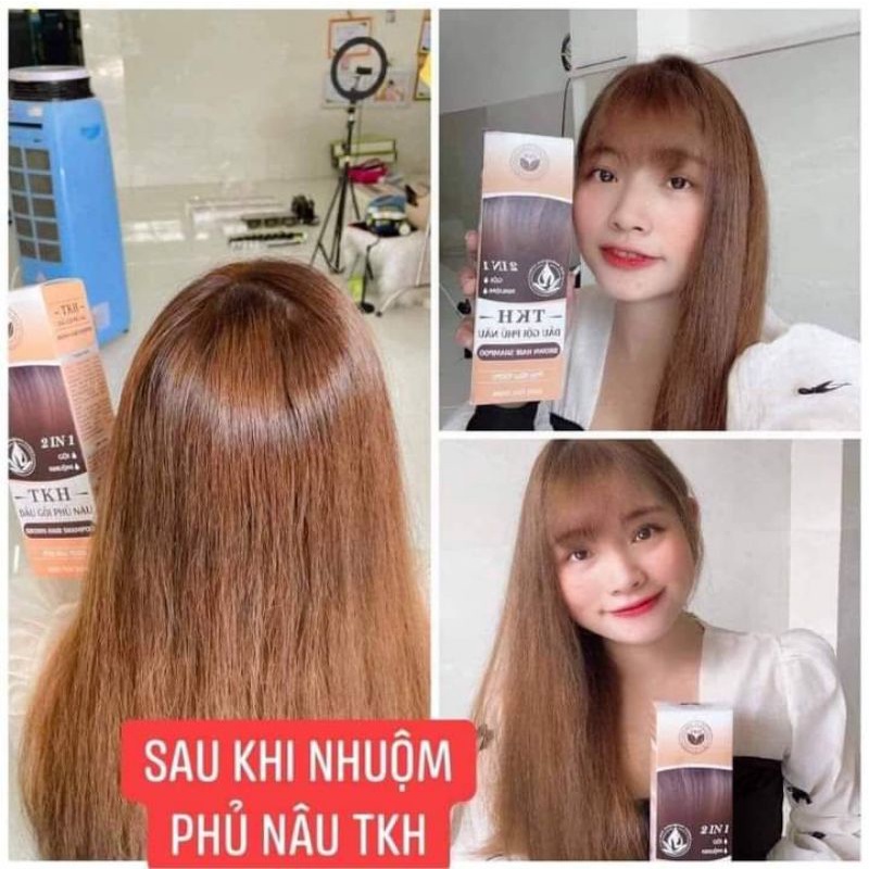 Dầu gội phủ bạc TKH, dầu gội đầu nhuộm tóc màu nâu hạt dẻ, màu đen tại nhà có lược Trần Kim Huyền