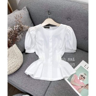 Áo peplum cổ tròn tay phồng