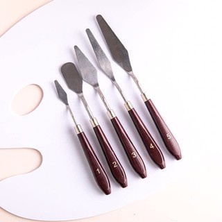 Bộ 5 dao chà láng cán gỗ nâu sang trọng dùng trang trí bánh kem, fondant cao cấp