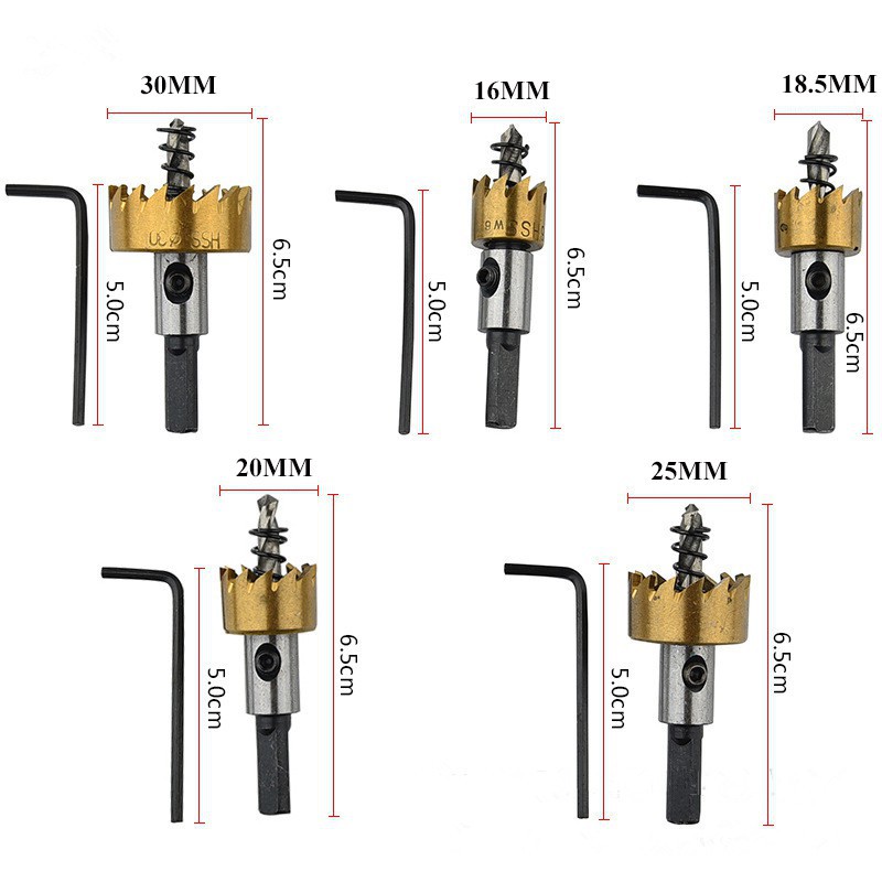 Bộ 5 Mũi Khoan Khoét Lỗ Mạ Titan - Mũi Khoét Kim Loại Thép HSS Kích Thước 16mm - 30mm Có Mũi Định Tâm