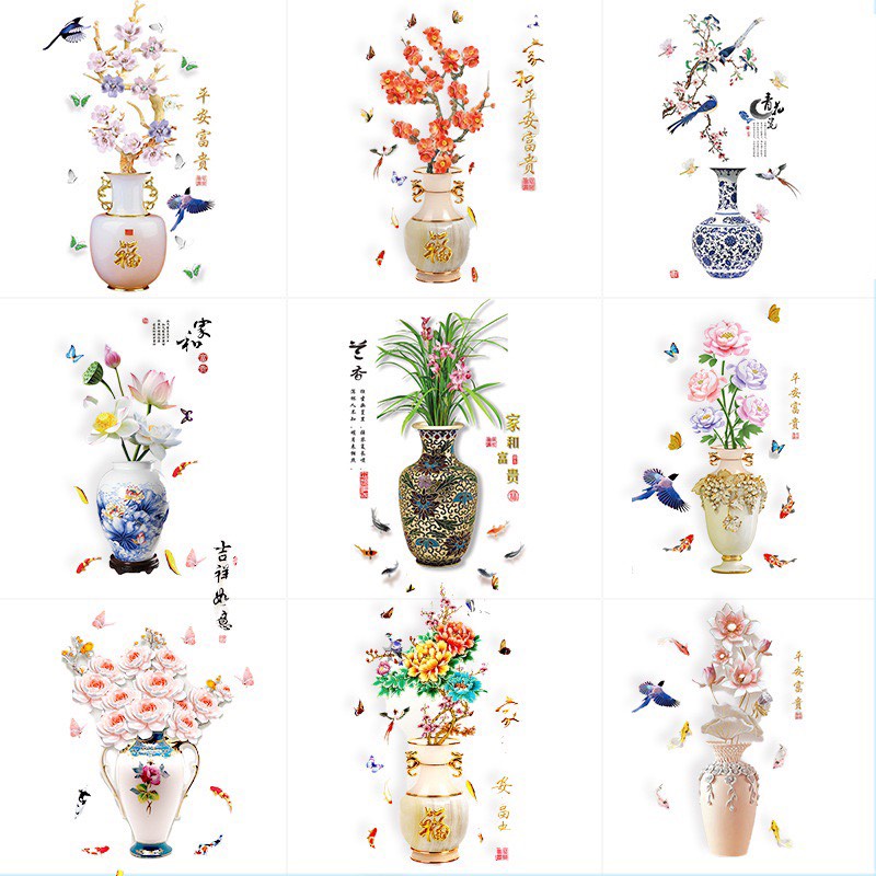 Tranh dán tường bình hoa 3d ,tranh decal tết 2024