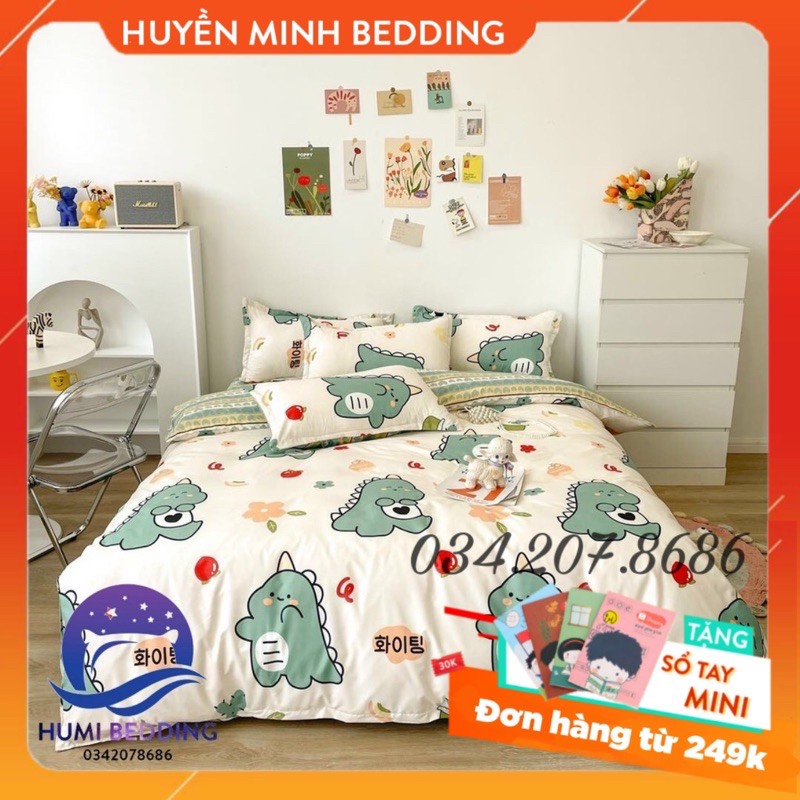 BỘ CHĂN GA GỐI POLY COTTON Khủng Long Xanh - Bộ Chăn Ga Gối 5 Món Cao Cấp