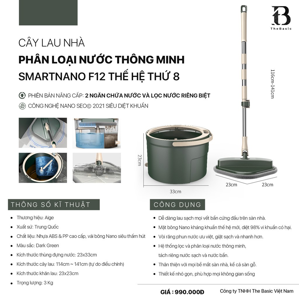 Tự Động Tách Nước Bẩn Cây, Chổi Lau Nhà Thông Minh Smart Nano F12 - Cây Lau Nhà Tự Vắt, Tự Tách Nước Bẩn