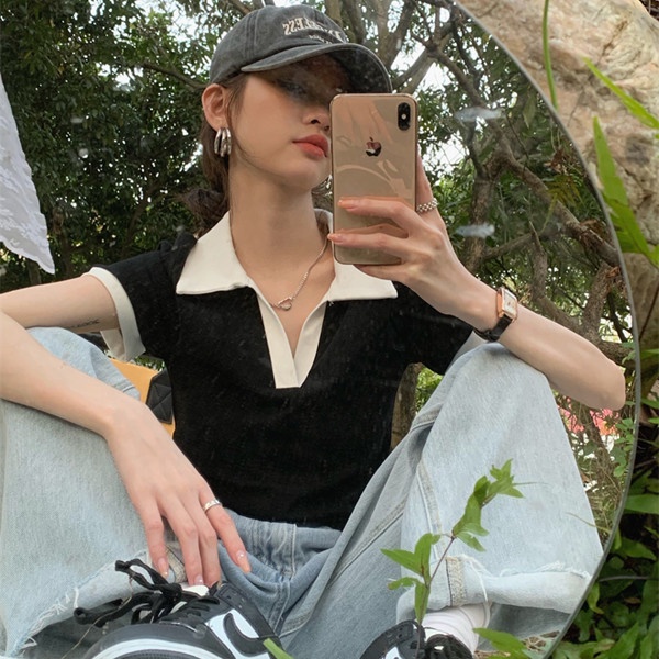 Áo polo Ngắn Tay Phối Màu Tương Phản Thời Trang Mùa Hè Hàn Quốc Cho Nữ