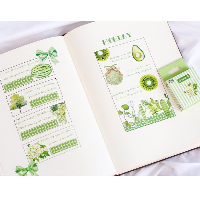 Bộ 50 sticker đồ vật dễ thương STI11, nhãn dán cute hình cây xanh, hộp sữa
