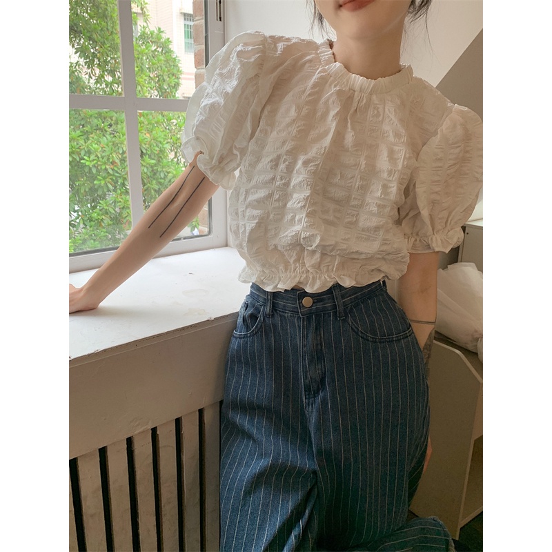 Áo Kiểu Tay Phồng Ngắn Dáng Ôm Thời Trang Pháp Xinh Xắn Cho Nữ