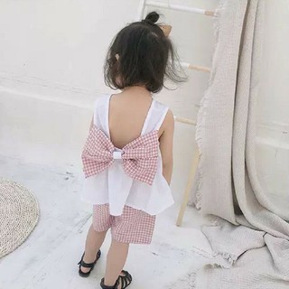 Sét áo ca-ro nơ lưng cho bé gái