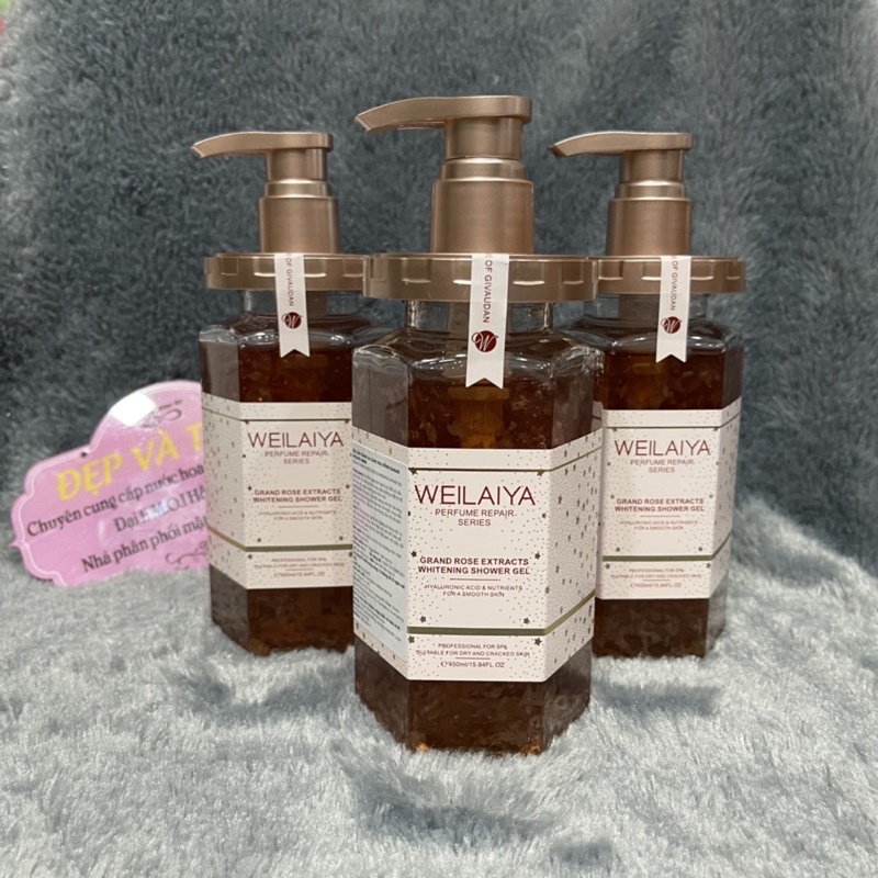 Sữa tắm Weilaiya chính hãng cánh hoa hồng Damask 450ml hương nước hoa quyến rũ trắng hồng tự nhiên.