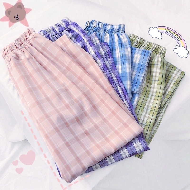 Quần caro ống rộng unisex 16 màu lưng thun