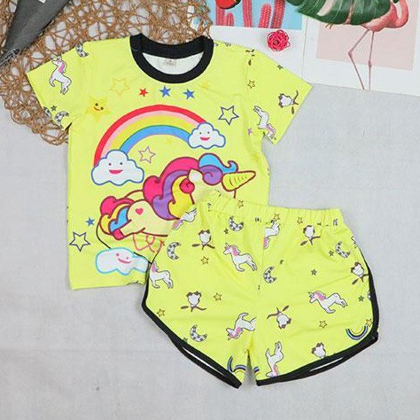 Bộ thun cotton lạnh mát in ngựa unicorn cầu vồng bé gái
