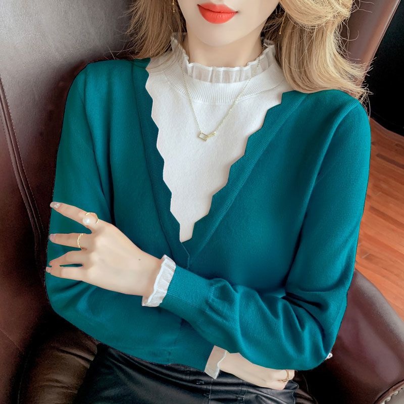 Áo Len Tay Dài Cổ Chữ V Giả Hai Lớp Phối Ren Thời Trang Cho Nữ