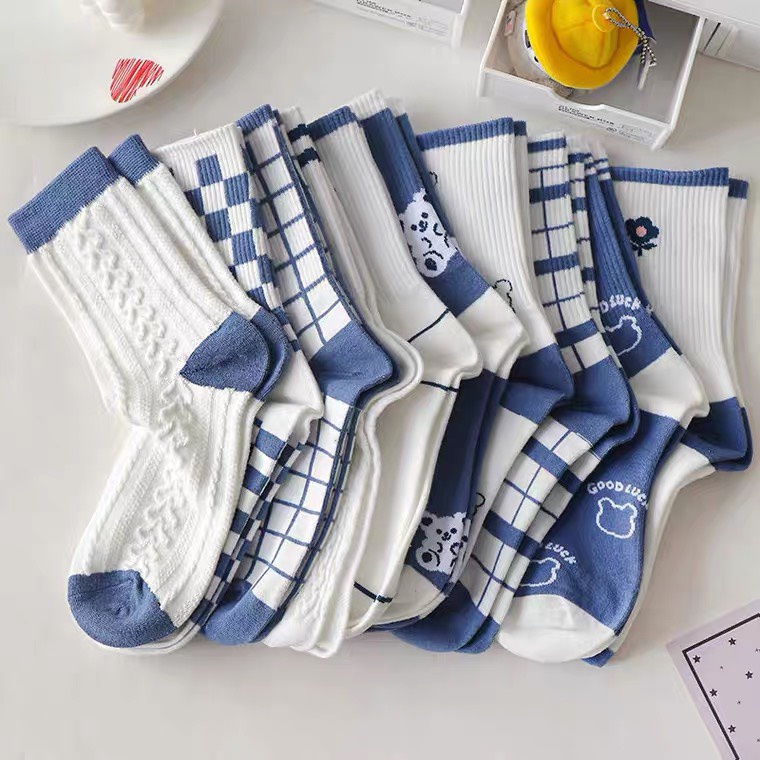 Tất Vớ Dài Nữ Hình Gấu Caro Xanh Blue dễ thương, thấm hút, giá siêu rẻ mềm
