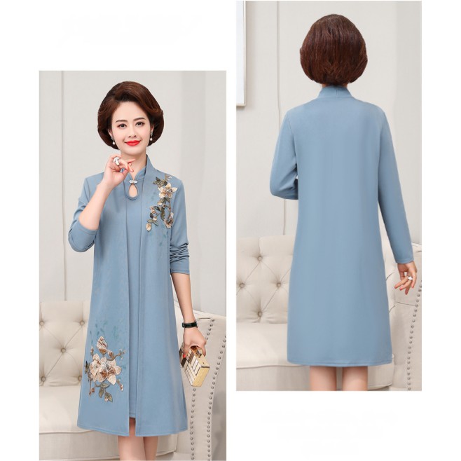 Váy trung niên nữ sang trọng thu đông V66 cổ tàu &amp; áo choàng 3 màu - Đầm dự tiệc thời trang cho mẹ trung tuổi cao cấp