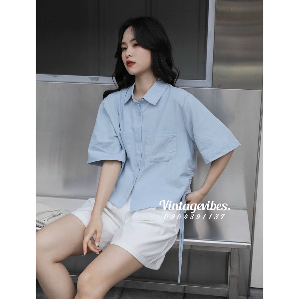 Áo sơ mi Hàn Quốc, Áo sơ mi cộc tay dáng lửng buộc sườn 2 màu pastel