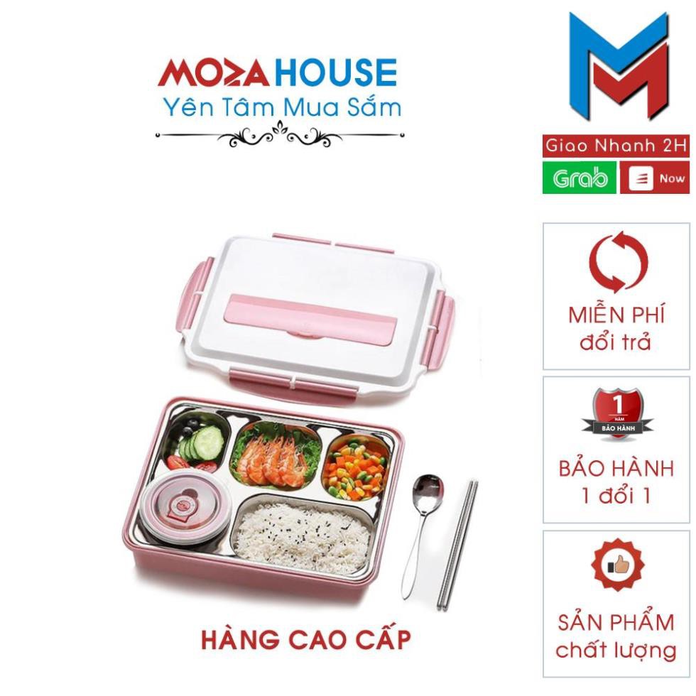 Hộp Cơm Văn Phòng Khay Inox 5 Ngăn Có Bát Để Canh Bọc Nhựa Bên Ngoài - Có Giá Điện Thoại Tặng Thìa Đũa Inox Cao Cấp