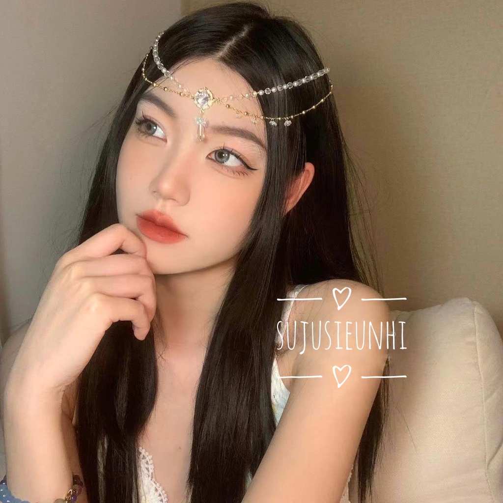 Cài trán dây đôi dạng kẹp đính đá và hoa trong suốt bất đối xứng , vòng đeo đầu cosplay cổ trang