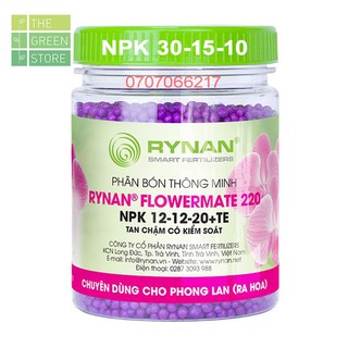 Phân bón tan chậm RYNAN 220 (NPK 12-12-20+TE) cho phong lan, kích ra hoa - dưỡng hoa lâu tàn 150g