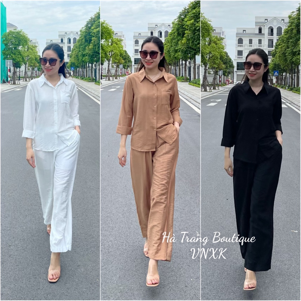 Bộ đũi nữ dài, sét đũi nữ áo sơ mi và quần ống suông rộng chất liệu vải đũi mềm