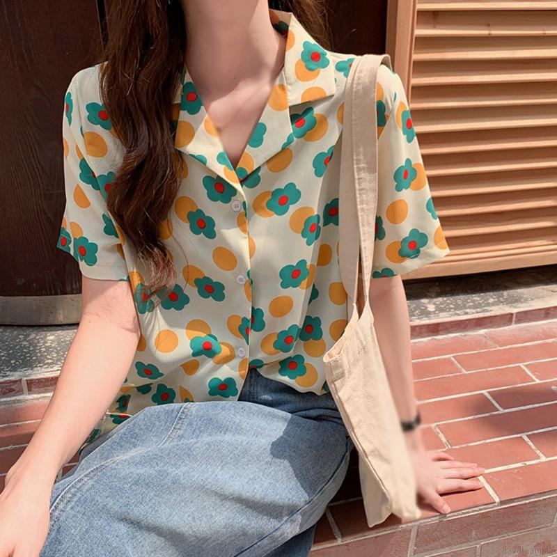 Áo Sơ Mi Ngắn Tay In Họa Tiết Retro Cho Nữ